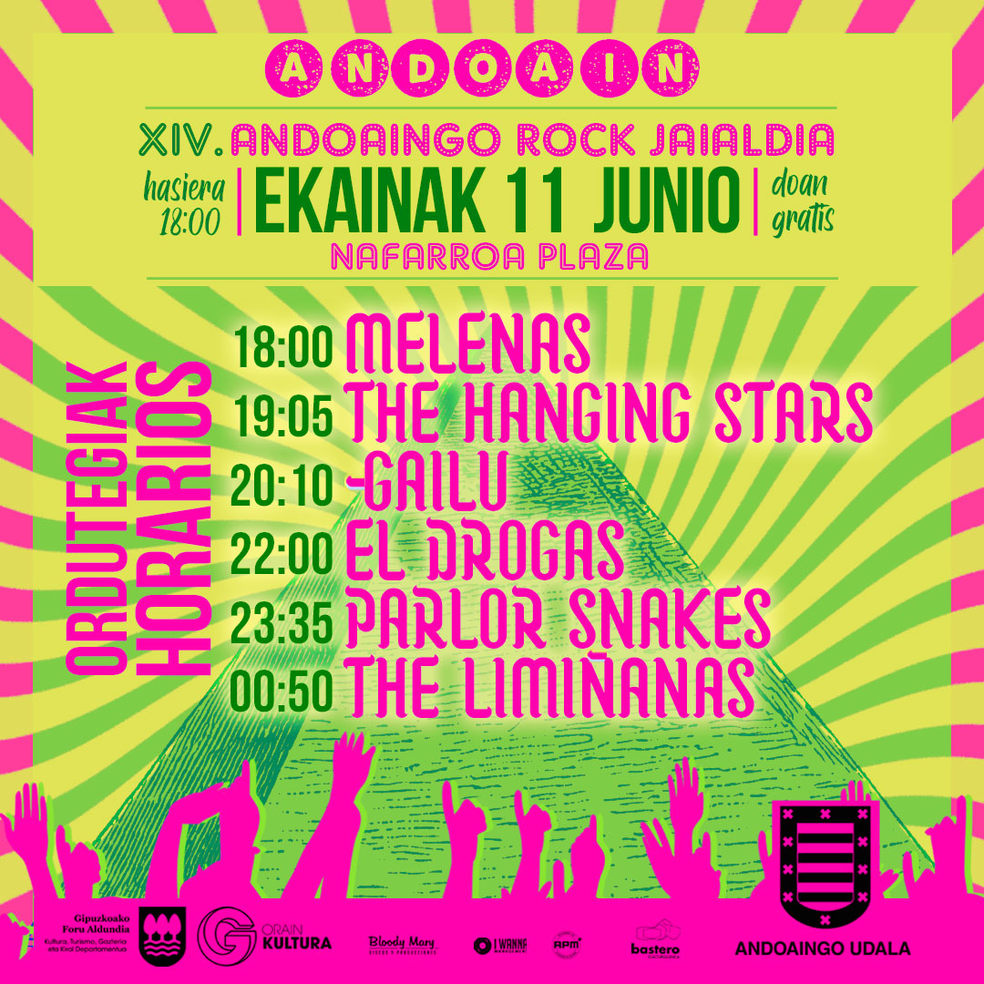 HORARIOS XIV. ANDOAINGO ROCK JAIALDIA – EKAINAK 11 JUNIO – NAFARROA PLAZA (ANDOAIN)